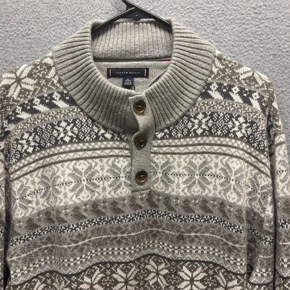 Tommy Hilfiger Sweater Mens XL Gray Pullover Mock Neck Long Sleeve Fair Isle New